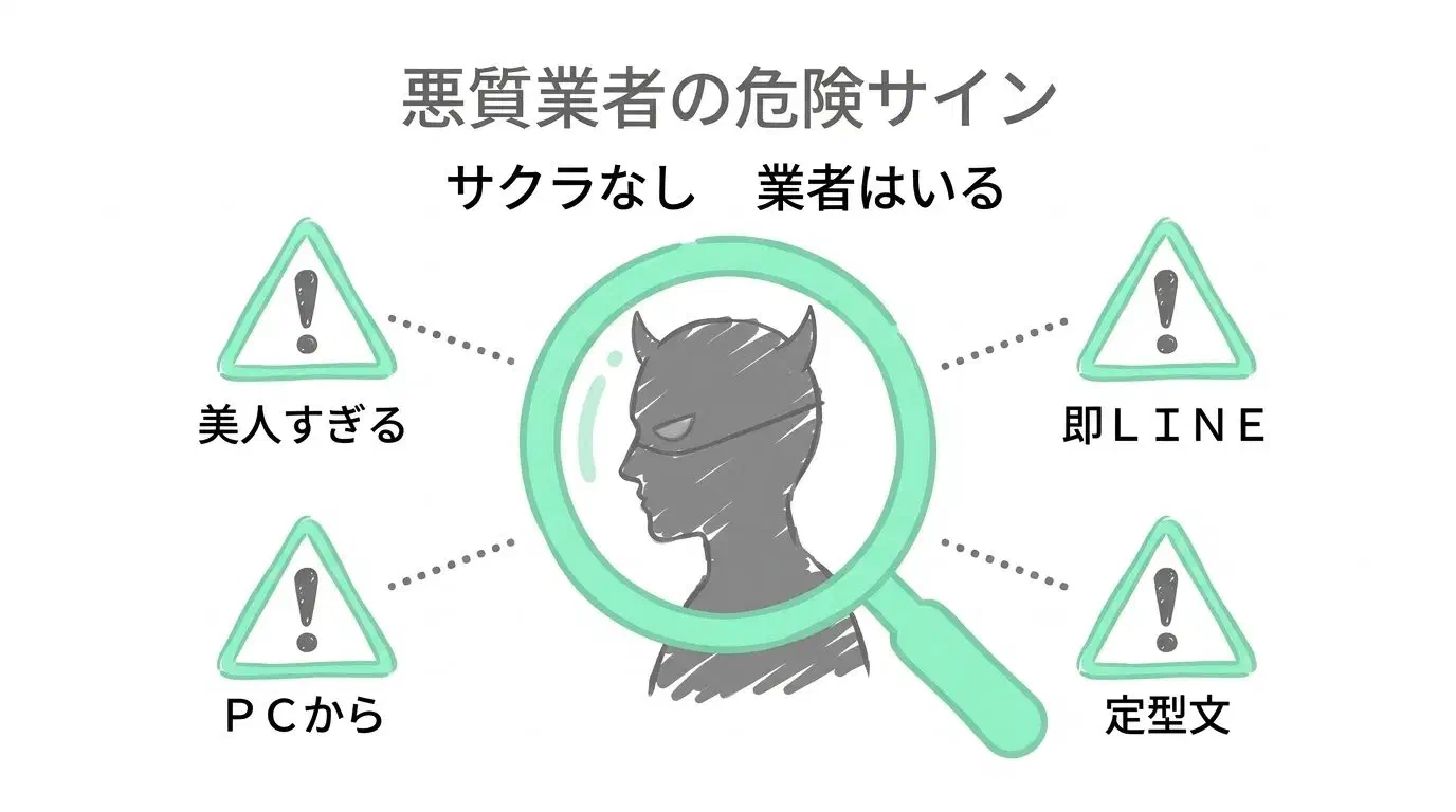 運営サクラと外部業者の違い・PCアクセス表示など危険サイン一覧