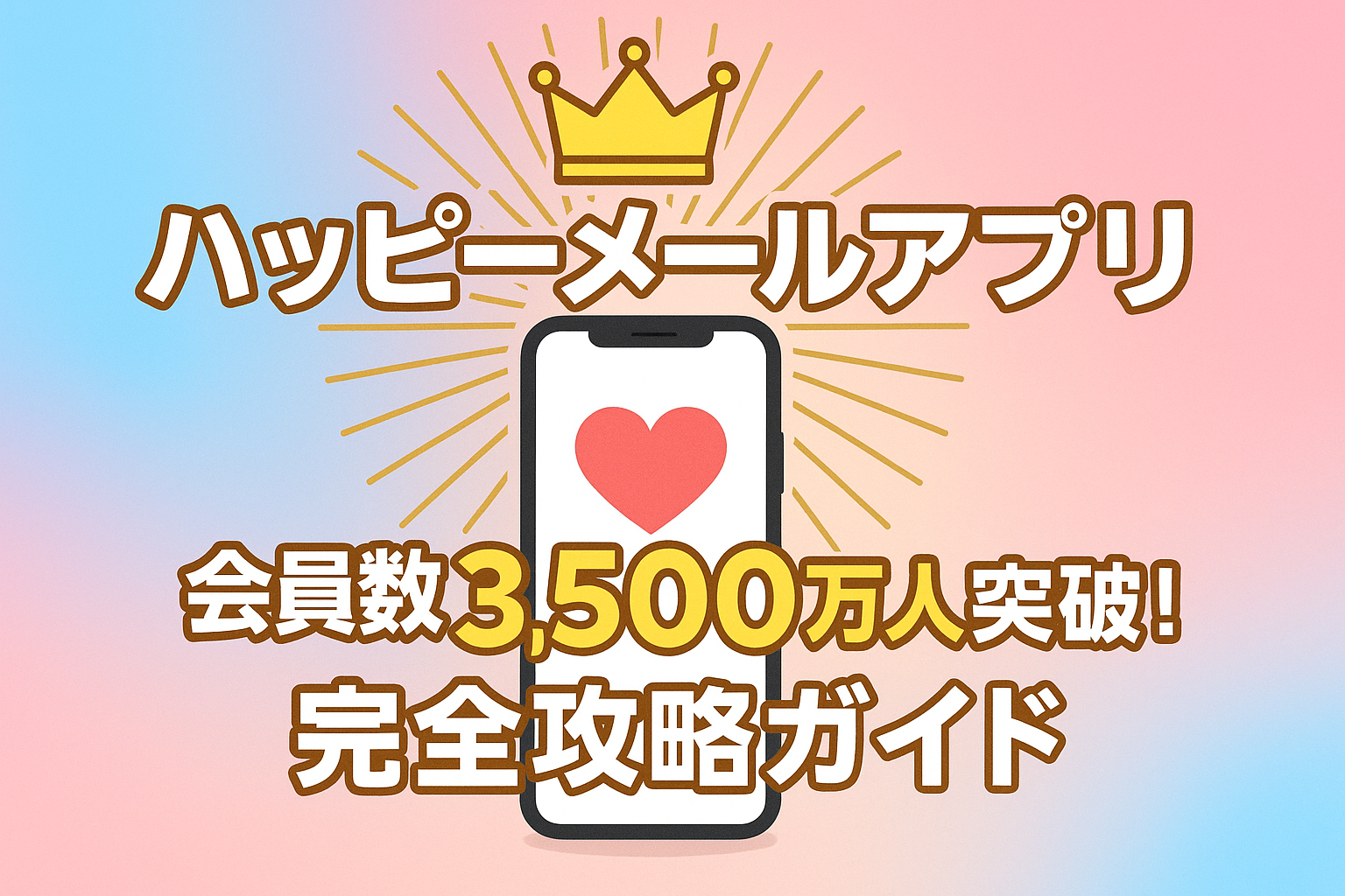 ハッピーメールアプリの会員数3,500万人をアピールするサムネイル画像。「完全攻略ガイド」の文字とスマートフォンのイラストが描かれている。