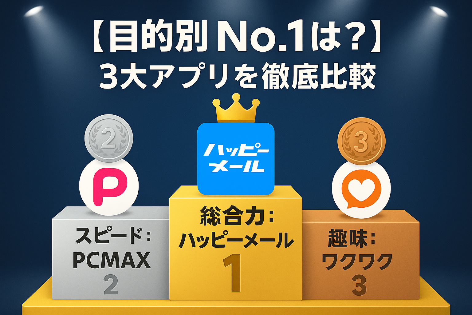 ハッピーメール、PCMAX、ワクワクメールを目的別に比較し、ランキング形式で紹介するサムネイル。表彰台に各アプリのロゴが乗っている。