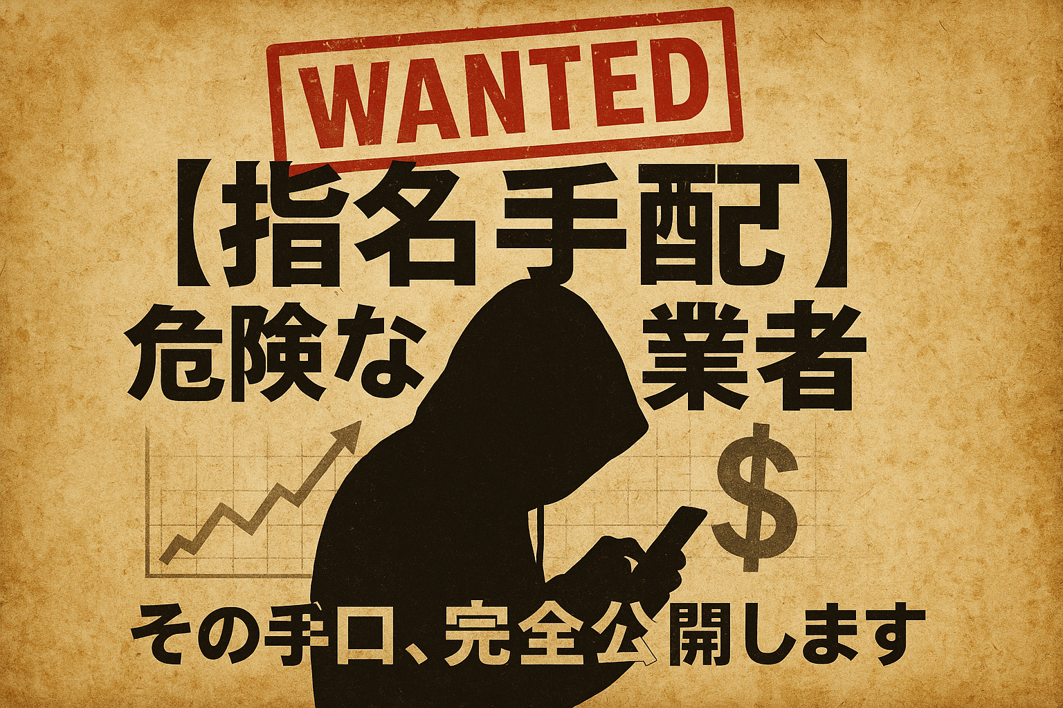 「指名手配」というテキストと、業者を象徴するフードの人物が描かれた警告風の画像。ハッピーメールの業者の手口を解説する記事であることを示唆。