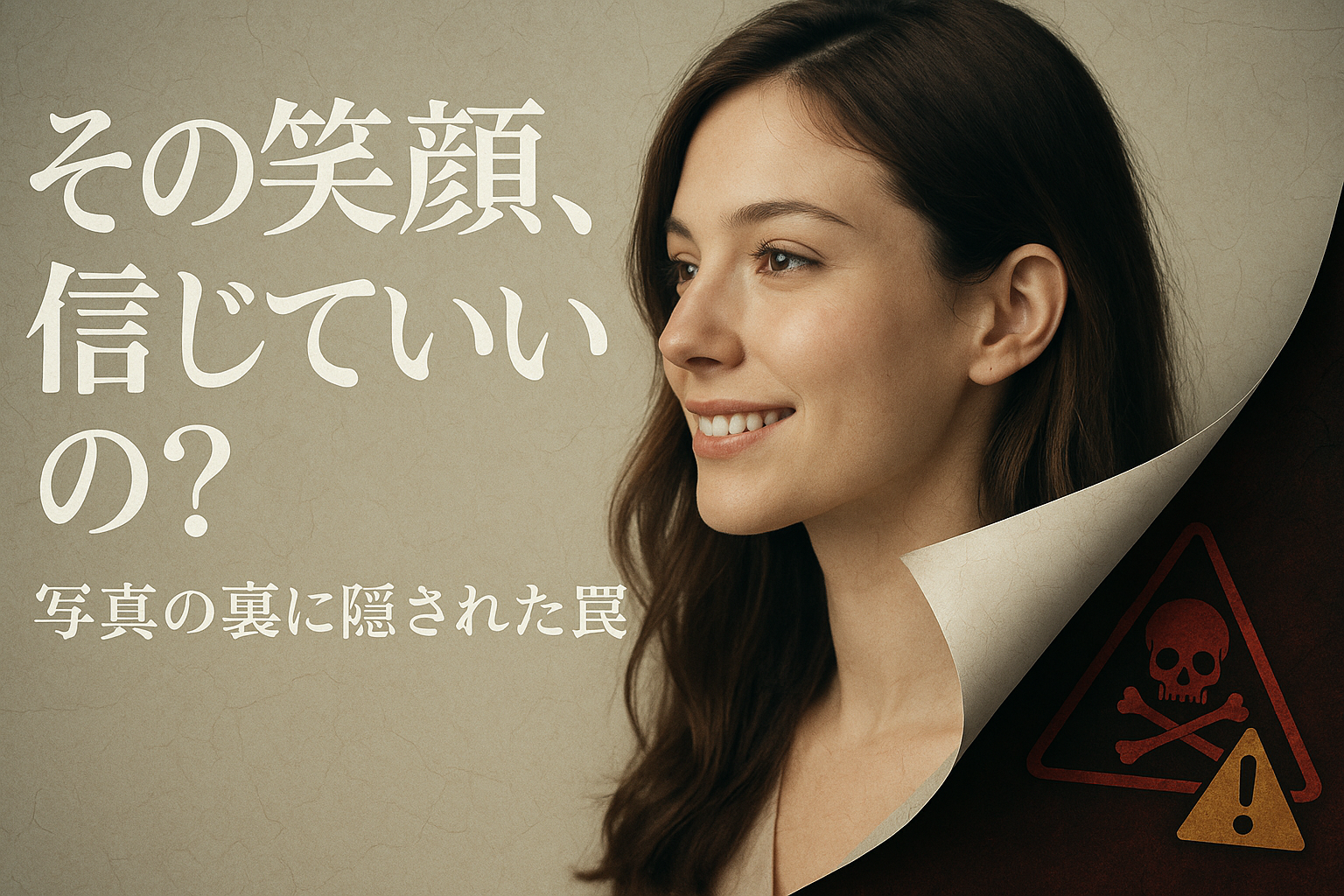 美しい女性の写真の一部がめくれて、裏に警告マークが隠されている、ハッピーメール業者の危険性を暗示するサムネイル画像。